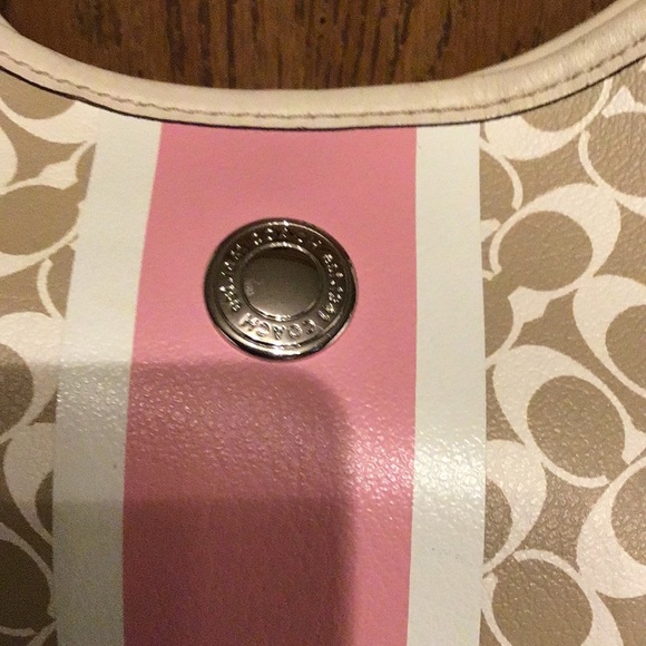 COACH CHELSEA SIGNATURE BEIGE PINK STRIPE LEATHER TRIM CROSSBODY SHOULDER BAG - Picture 11 of 12